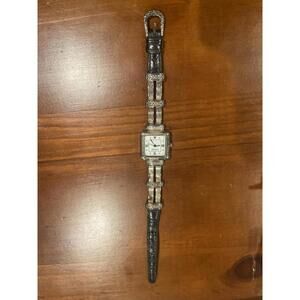 Brighton Vintage Style Silver-Tone Ladies Watch Black Embossed Band